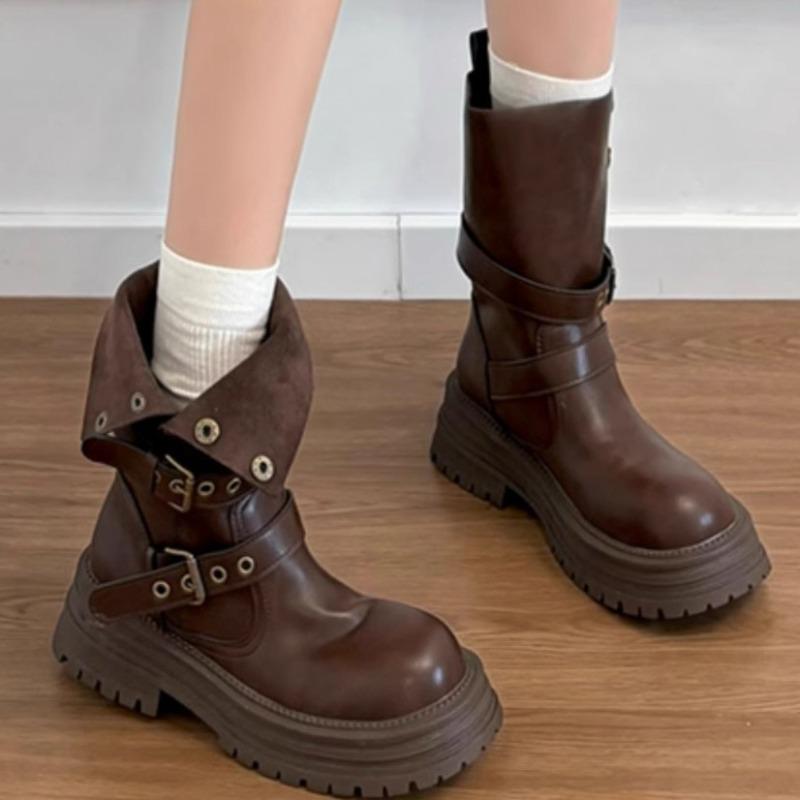 Martin boots women's new spring and autumn single boots retro women's shoes medium boots thick-soled black short boots