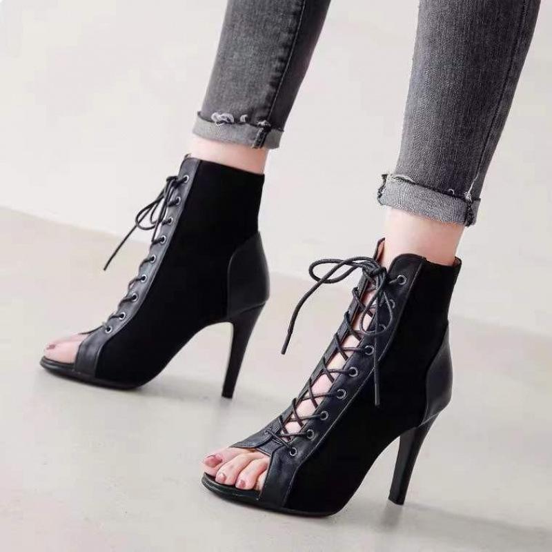 European and American Lace-up Fish Mouth Cool Boots Spring and Summer Thin Heel Hollow Short Boots Jazz Dance High Heels Open-toed Sandals
