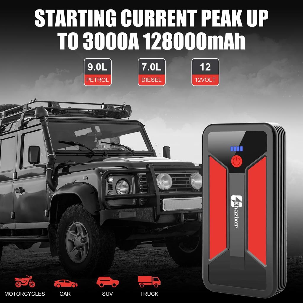 ET02 3000A Peak 12V Lithium Jump Starter for 9.0L Gas & 7.0L Engines with Cable