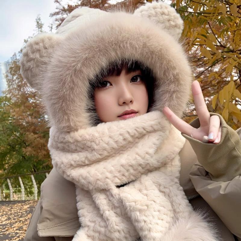 Cute Bear Hat Gloves Three In One Scarf Plush Hat for Women In Winter Riding Easy Outdoor High End Warm Hat