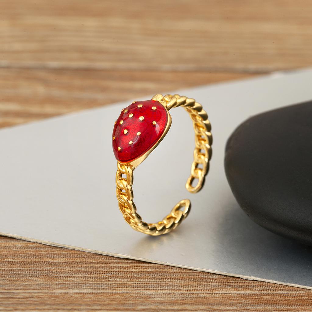 Nidin New Fashion Strawberry Shape Enamel Dripping Oil Open Rings For Women Female Inlaid Green Zircon Adjustable Finger Jewelry