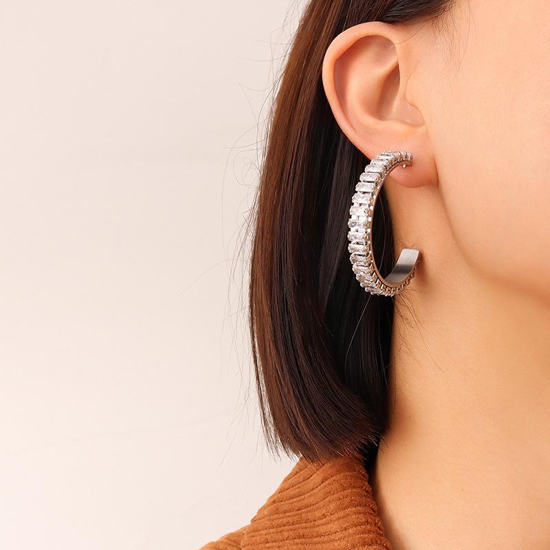 French-Inspired Titanium C-Shaped Diamond Inlaid Hoop Earrings