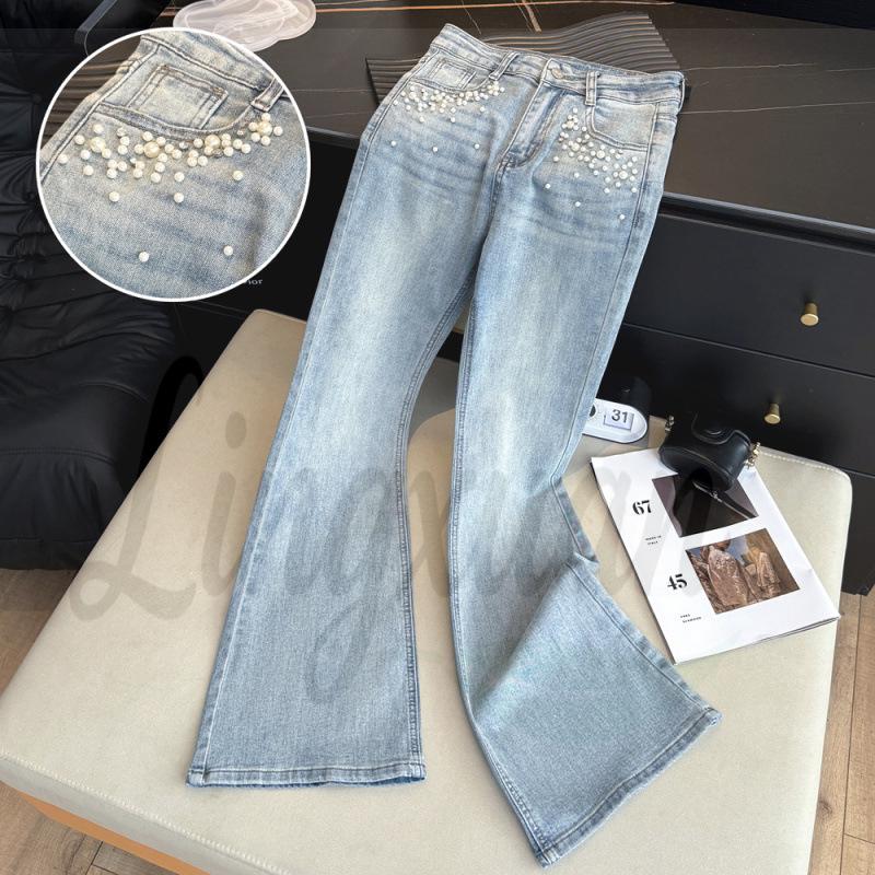 

Pearl Embellished High Waist Slim Flare Jeans - Korean Style, Spring Collection XL