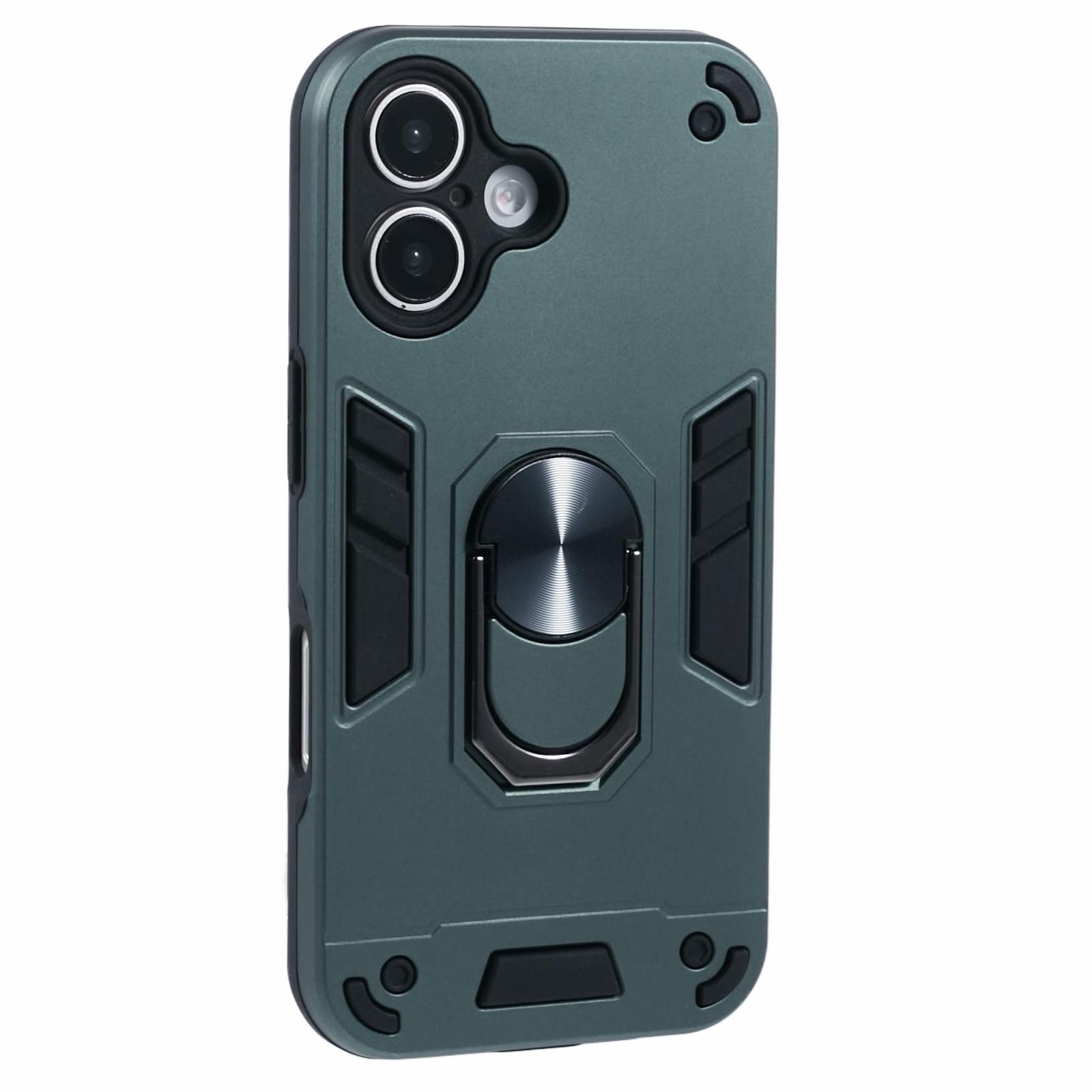 

For iPhone 16 Plus Case PC+TPU Drop Defend Phone Cover with Ring Kickstand B