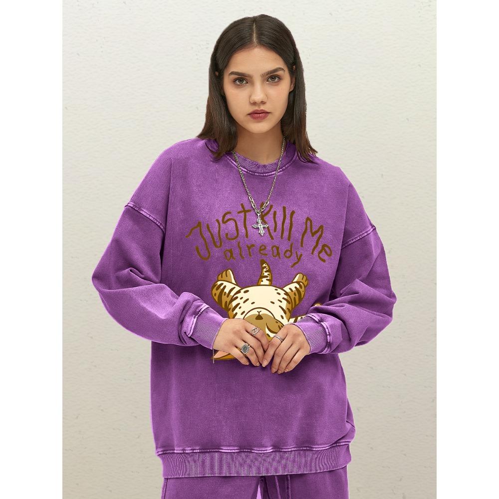 Just Kill Me Already Cartoon Cat Pattern Womens Washed Sweatshirts Autumn Comfortable Clothing Cotton Oversized Woman