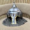 Handmade 16 Gauge Steel Medieval Helmet with Riveted Chainmail – Silver Polish & Decorative Golden, LARP Cosplay Gift
