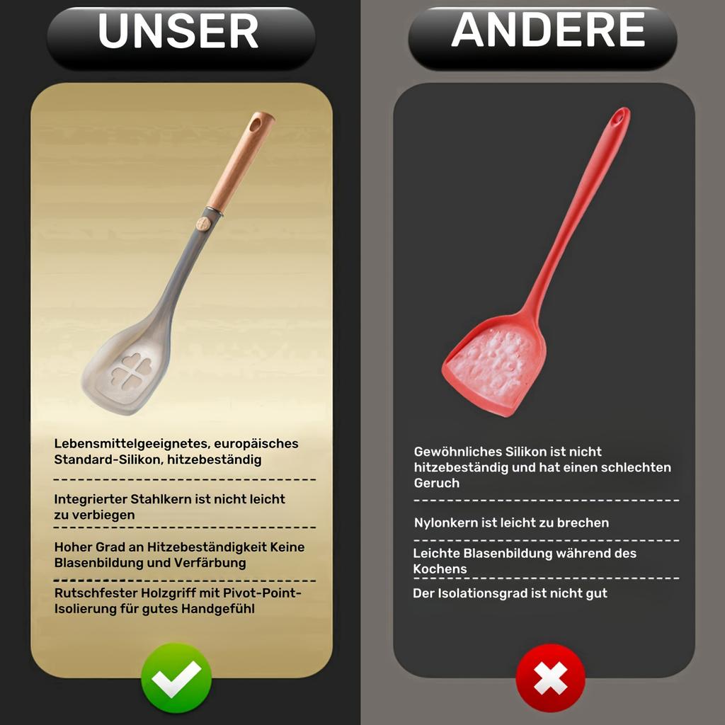 Silicone Kitchen Utensils Non Stick Spatula Pattern Soup Spoon Rice Scoop Beech Wood Handle Semi Transparent Steel Core Heat-Resistant Cooking Tool