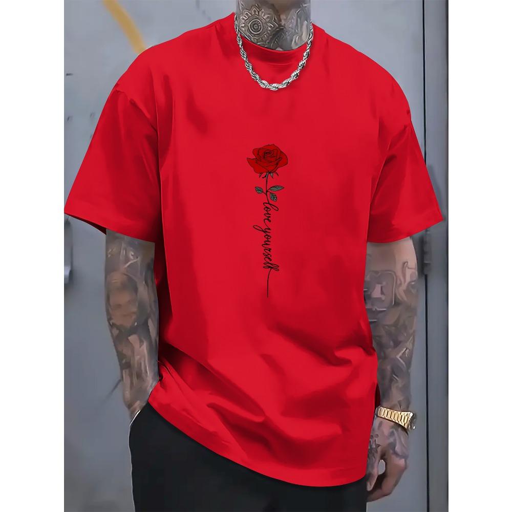 Men's summer fashionable casual sports loose red rose pattern printed round neck short sleeved T-shirt top