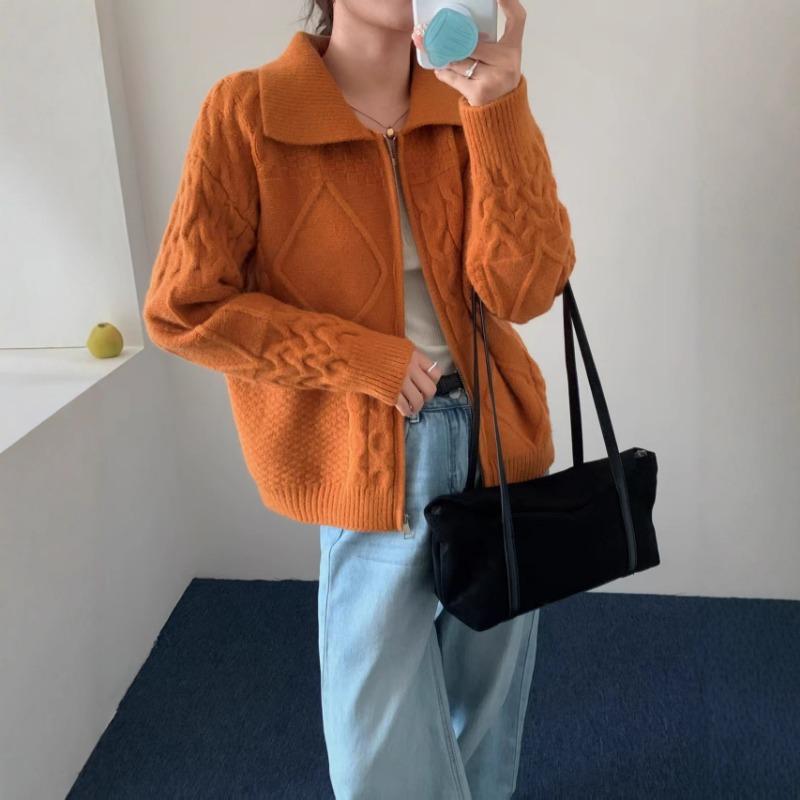 Vintage knitted cardigan women's clothing autumn and winter new loose lazy wind twist lapel zipper sweater jacket women