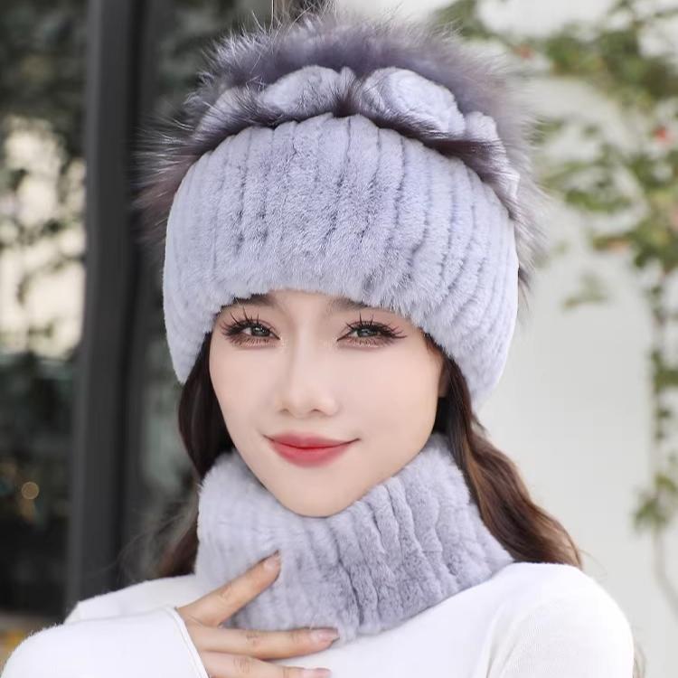 Fur Rex Rabbit Hair Hat Women's Winter Neck Cover Two-piece Warm Korean Version Fashion Beautiful Mom Snow Hat Travel