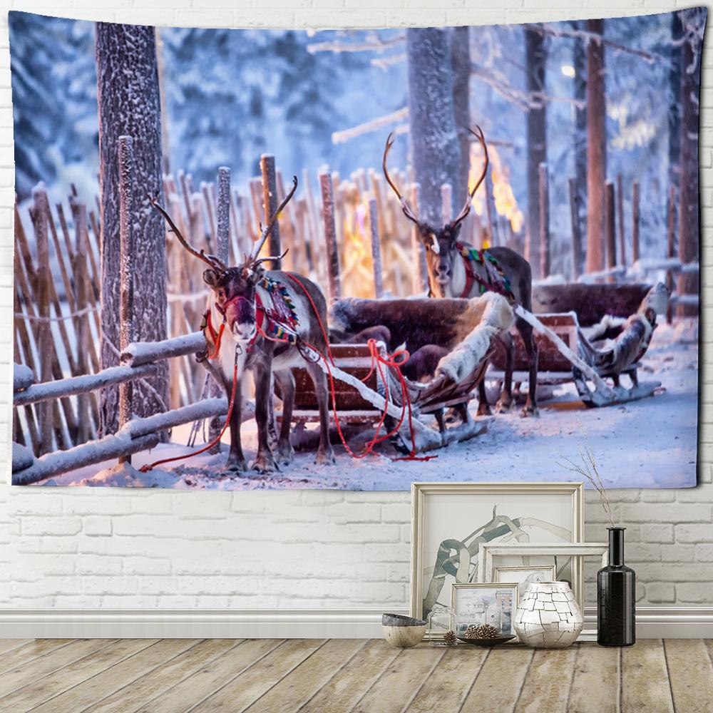 Cute Animal Elk Print Tapestry Christmas Snow Scene Illustration Wall Hanging Hippie Witchcraft Home Decor