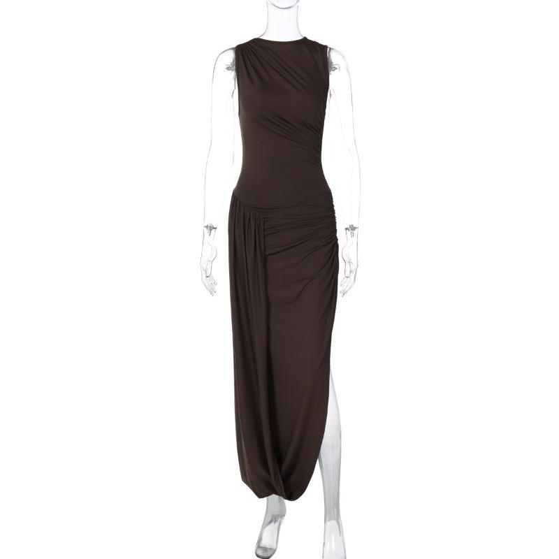 

Women s summer new fashion personalized split pleated slim round neck sleeveless dress L коричневий