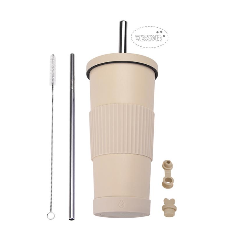 710Ml Bubble Tea Cup Non-Slip Double-Layer Stainless Steel Straw Cup Multi-Color Straw Thermal Insulation Water Cup