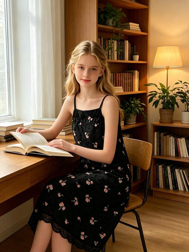 Girls Summer Spaghetti Strap Dresses, Soft Floral Printed Black Camisole Dress for Kids 13-16 Years