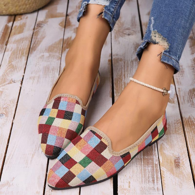 Barevné kostkované ploché boty 2024 Ležérní Sportovní Dámské Plochá Podešev Jednobotka Špičaté Vulkanizované Dámské Boty Zapatillas Mujer
