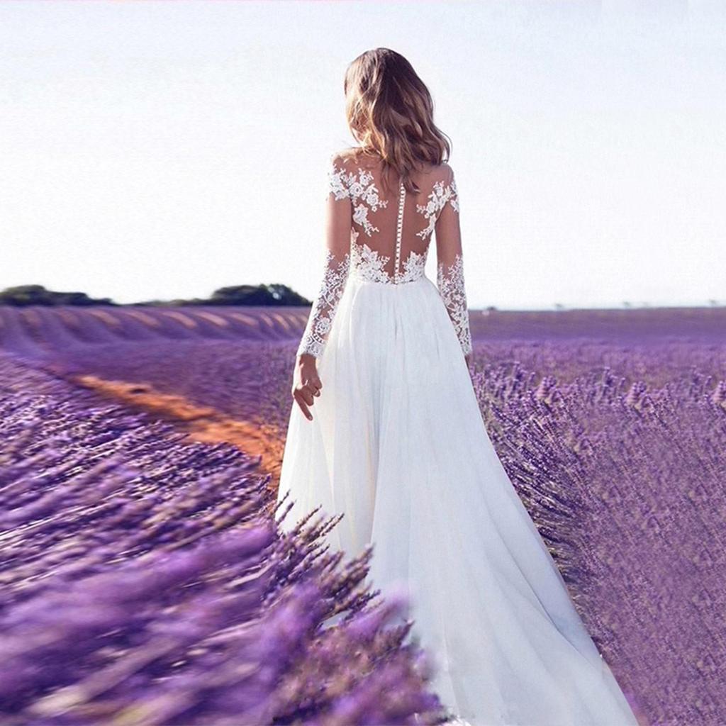 Women's Sexy Long Sleeve See-Through Lace Wedding Bridesmaid Dresses Open Dress