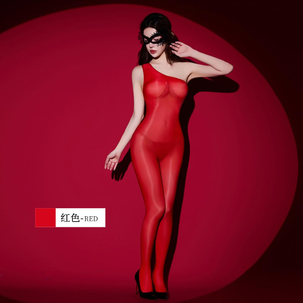 Sexy Women Single Sleeve Sloping Shoulders Yoga Shaping Bodysuit Oil Glossy Shiny Smooth Dance Tights Elasitc Maid Leotard