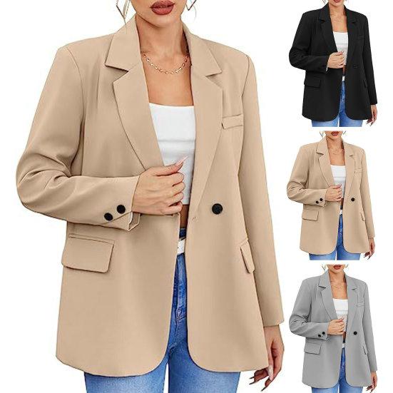 Frauen Herbst Frühling Anzug Mantel Formal Business Stil Knopfverschluss Strickjacke Einfarbig Plus Größe Lose Revers Langarm Taschen OL Pendler Jacke