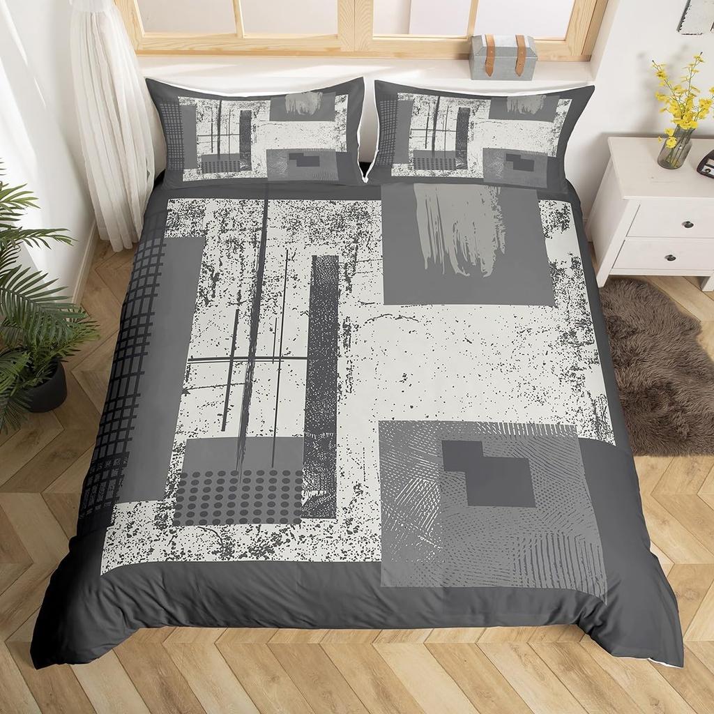 Vintage Striped Line Art Duvet Cover King Size Set Grey Black Red Orange Bedding Set Geometric Oil Painting Graffiti Decoration