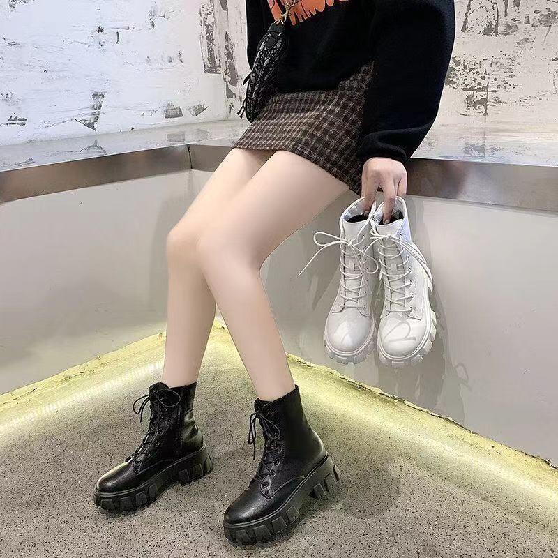 Real Soft Leather Martin Boots for Women British Style Korean Autumn and Winter Platform Boots for Women with Velvet Mid-calf Boots