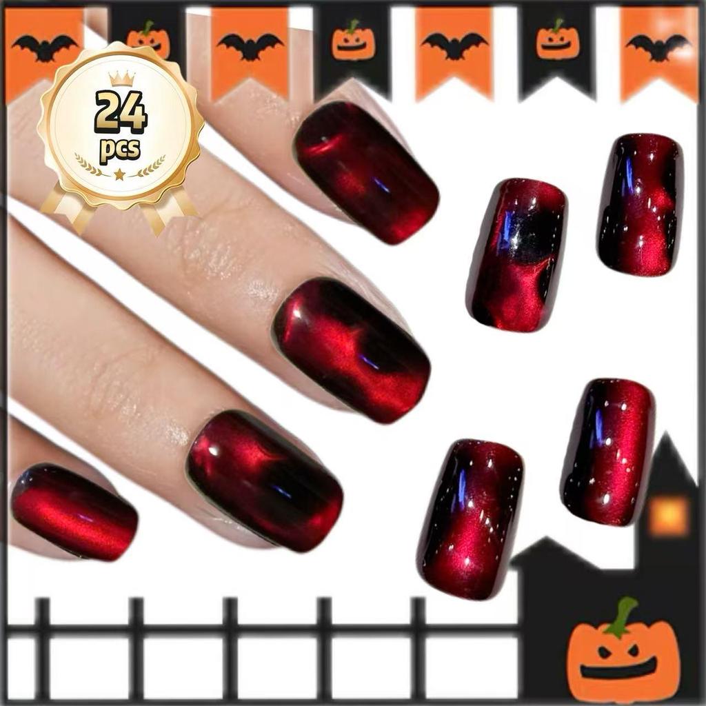 24-Piece Black-Red Irregular Cat Eye Press-On Nails with Sparkling Design