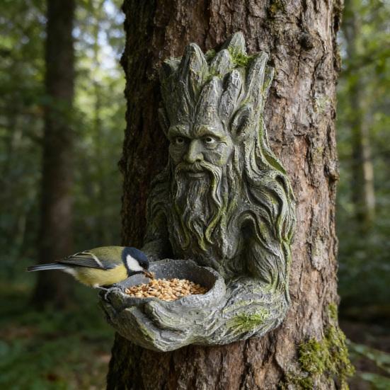 Yousheng Tree Face Bird Feeder Resin Tree Old Man Sculpture Birdseed Holder Weatherproof Outdoor Bird Feeder for Garden Patio Yard Decoration