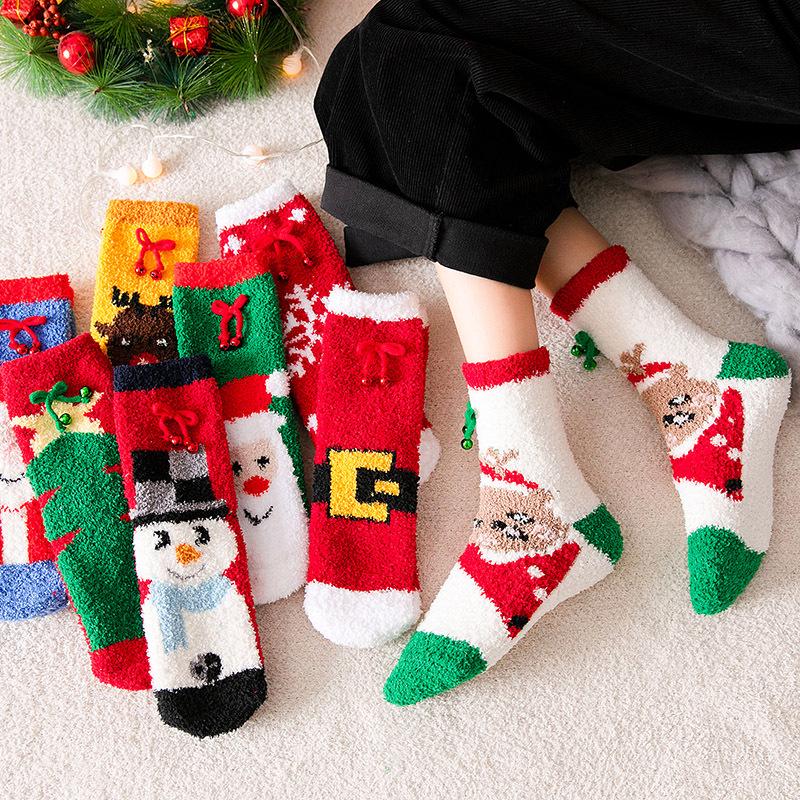 Cozy Coral Fleece Santa Socks with Bow & Bell - Mid-Calf Christmas Gift for Couples