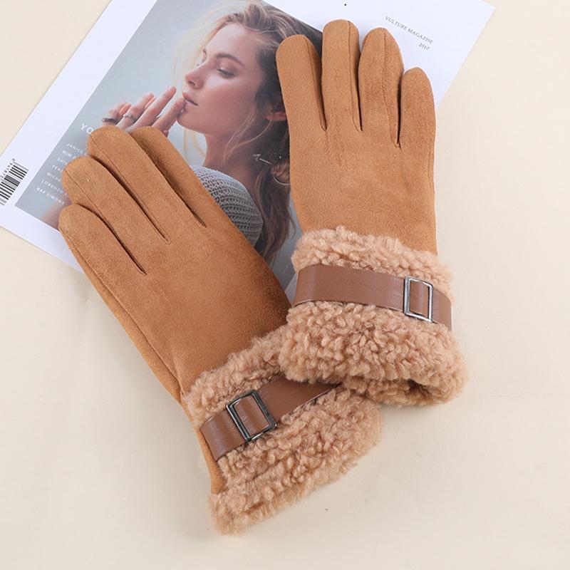 Plush Cuff Metal Buckle Suede Gloves Solid Color Thickened Warm Gloves Women's Stylish Versatile Cold-proof Gloves