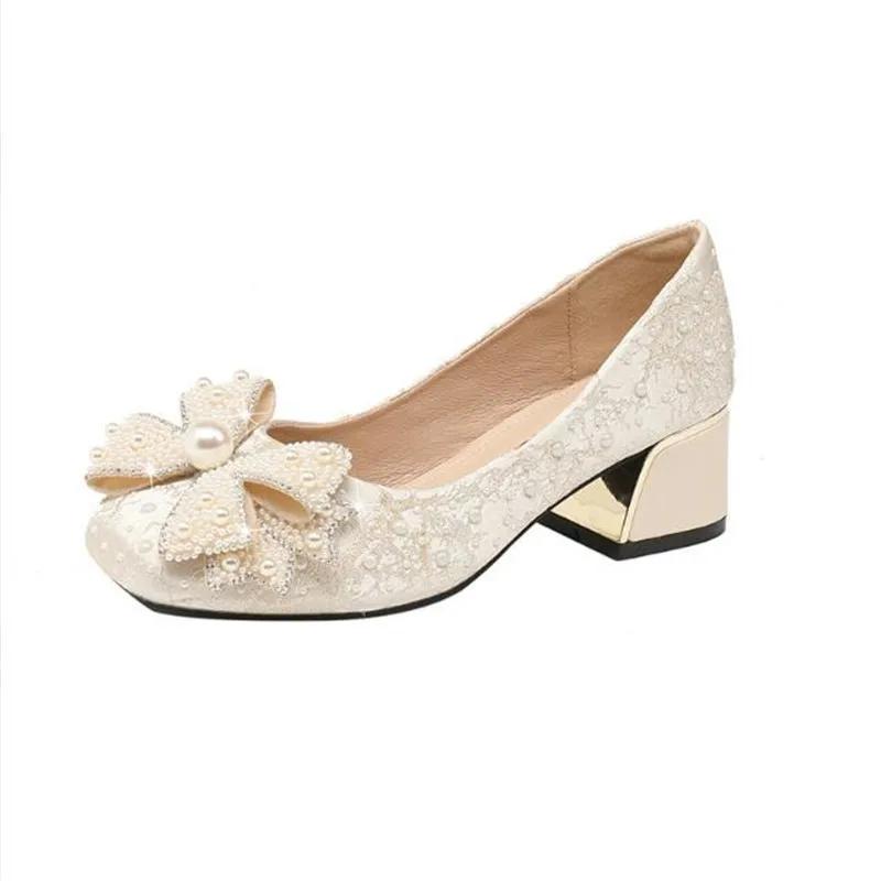 2024 New Women Shoes Fashion Thick Heel Square Toe Rhinestone Shallow Mouth Women Shoes Large Size 43 Women's Wedding Shoes