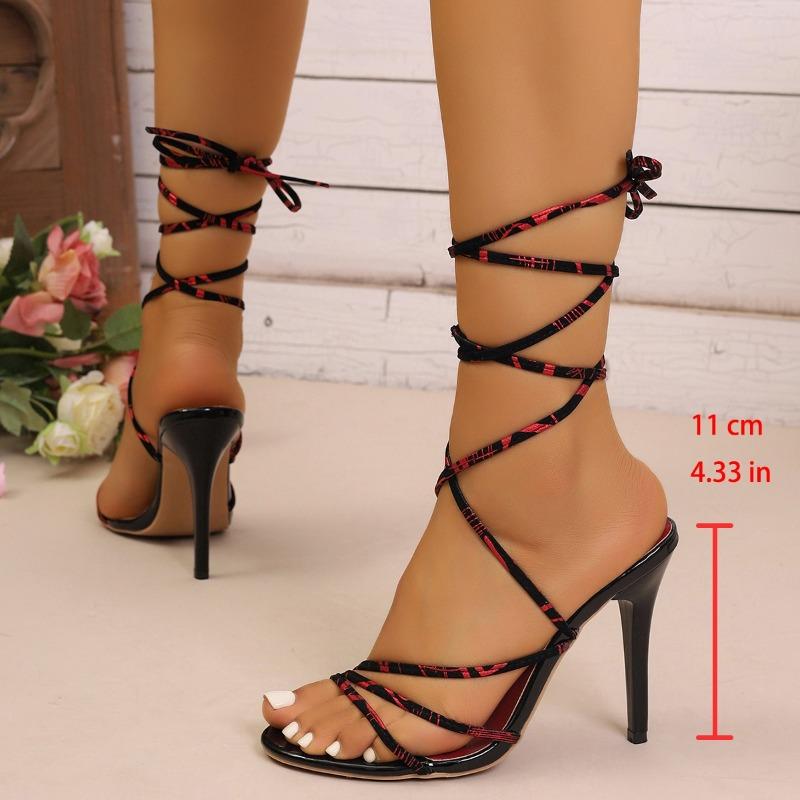 Women's Lace-Up Heels Round Toe Open Toe Thin Strap Anti-Slip Wear-Resistant Sandals