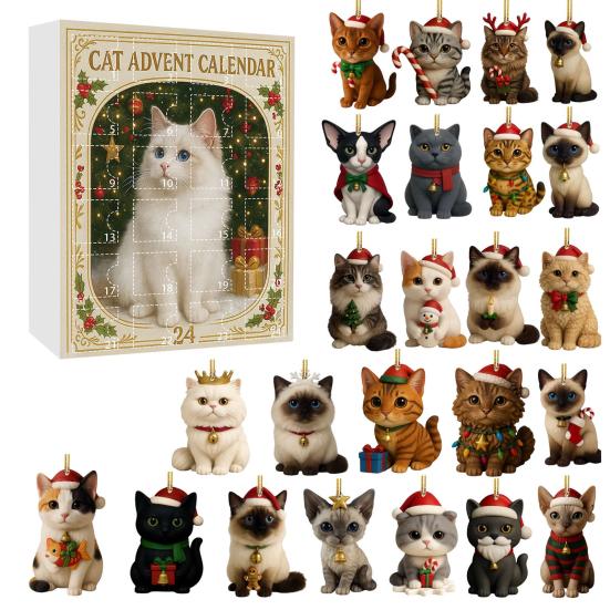 Christmas Cat Lover Advent Calendar PVC Ornament for Tree Decor 24-Day Countdown Box Gift for Kids Family