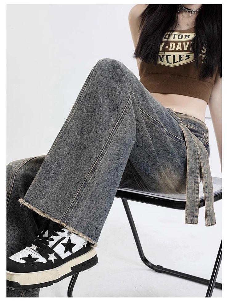 Women's Retro Washed High-Waist Wide Leg Jeans - Distressed and Slimming Style for Spring & Autumn