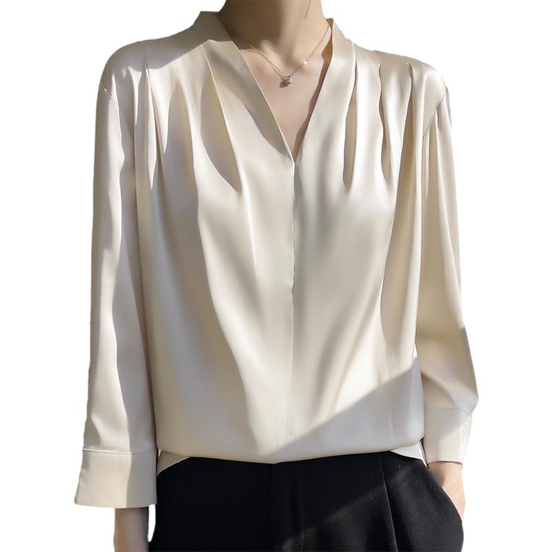 Silk Shirt for Women Spring and Summer Shirt V-neck Simple Nine Points Sleeve Temperament Versatile French Top