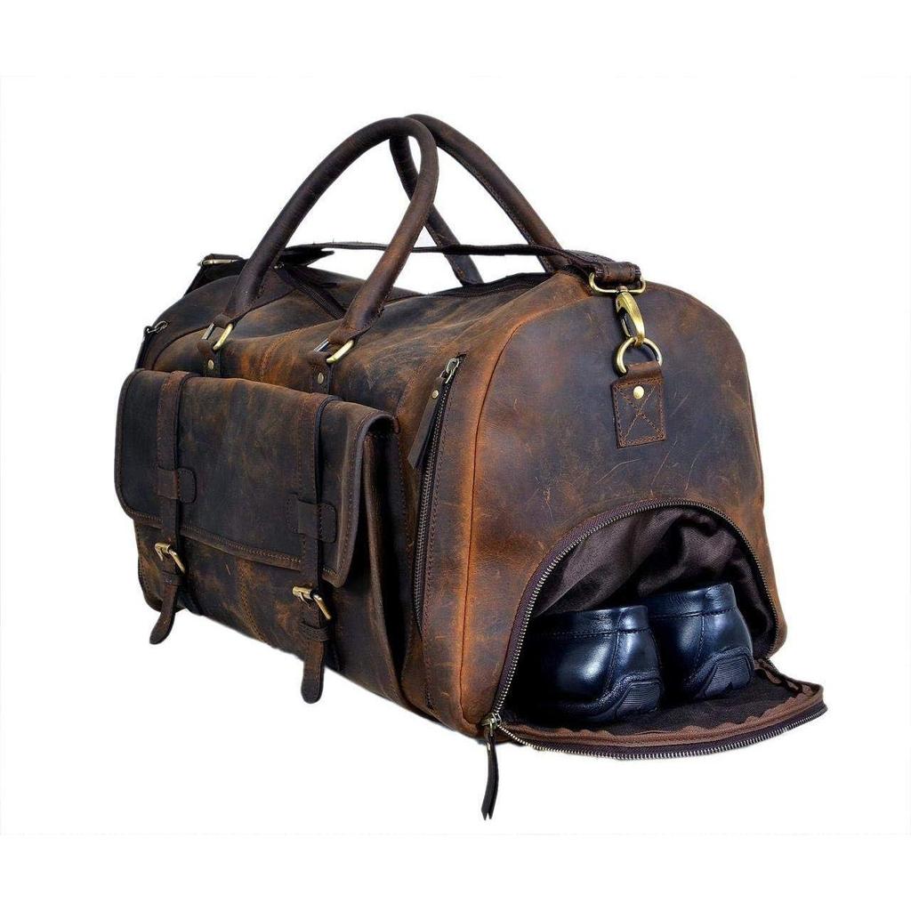 28" Large Leather Travel Bag Duffel Bag Gym Sports Flight Cabin Bag Leather Holdall Overnight Weekend Large Luggage Bag With Leather Toiletry Combo