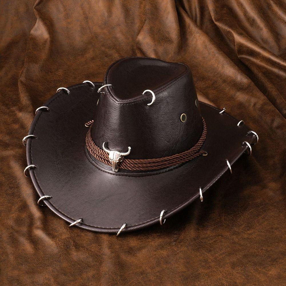 Pu Leather Western Cowboy Hat Solid Color Jazz Hat Shadow Hat Summer Hat  Men