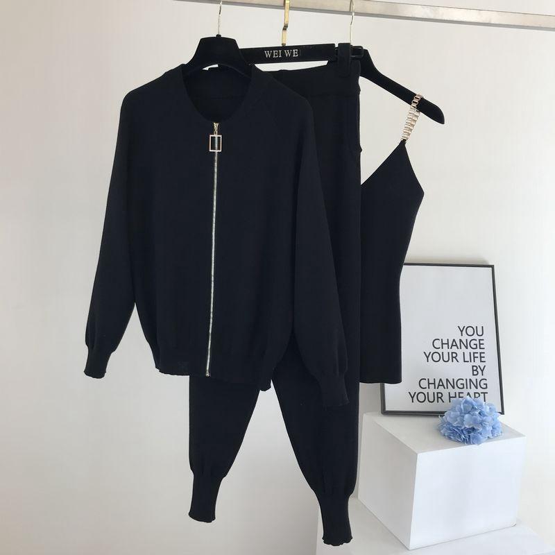 3 Piece Set Women Knitted Set Zipper Cardigan Jacket+pencil Pant+camisole Matching Sets Purple Black Khaki Outfits for Women
