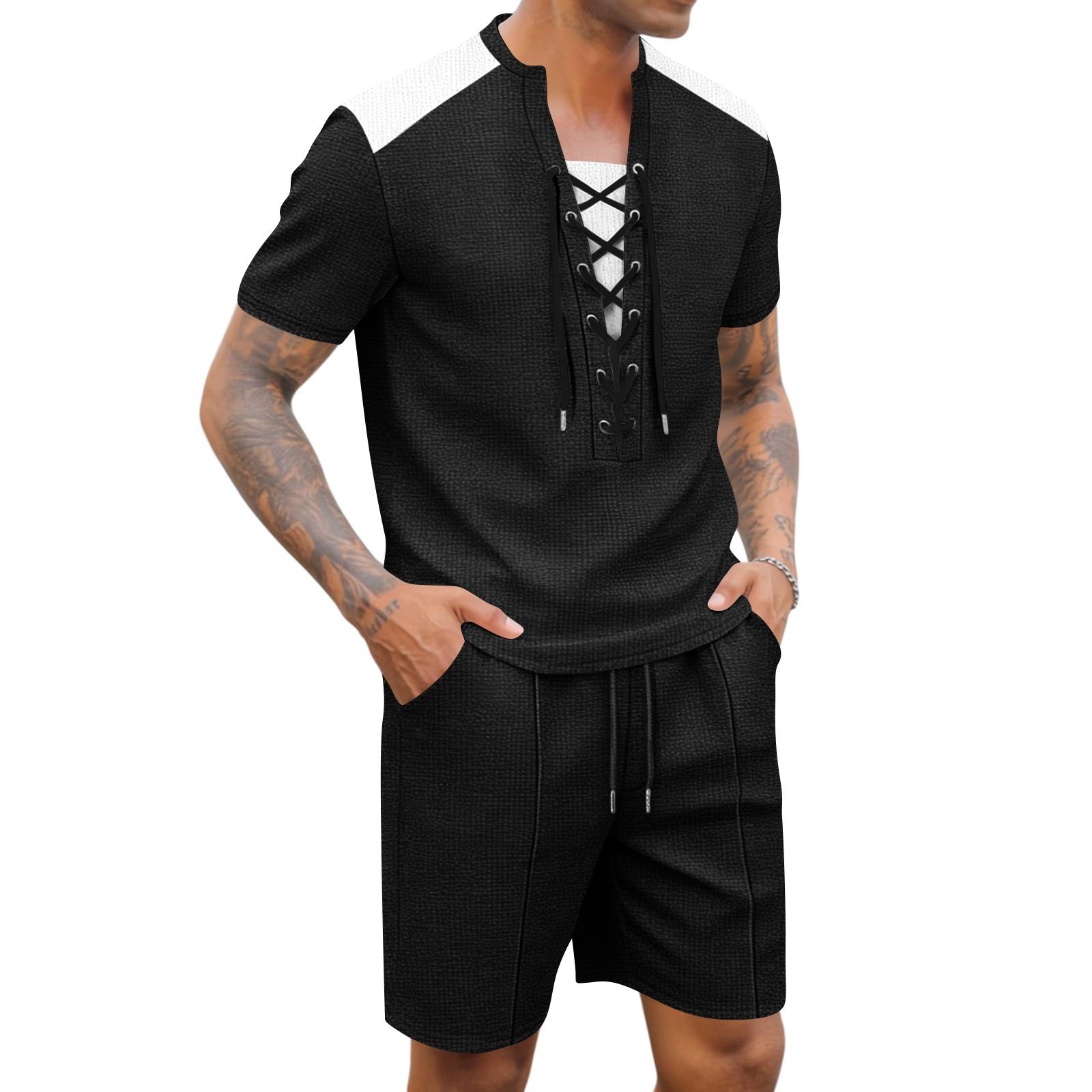 

Men s Summer Casual Fashion Set: Round-Neck T-Shirt And Shorts L чёрный