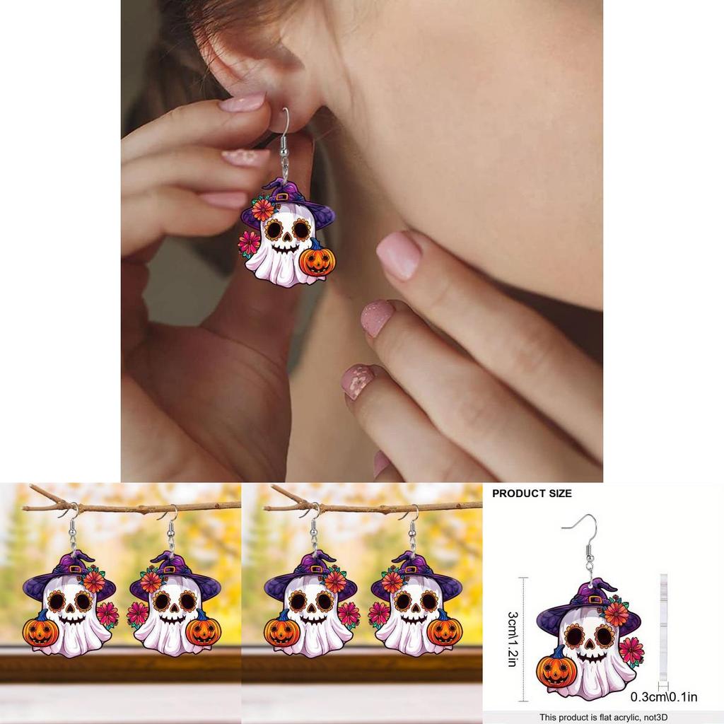 Halloween Themed Ghost Pumpkin Flower Pattern Women Alien Acrylic Earrings For Holiday Celebrations