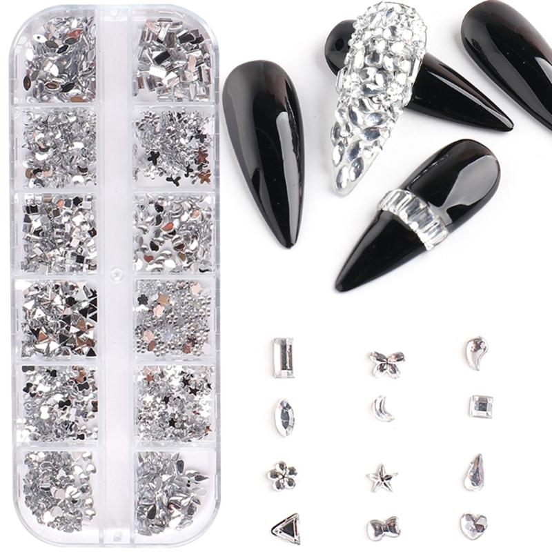 

12 Grids 3D Nail Art Rhinestones Studs Luxury Shiny Nail Diamonds Nail Jewels Stones Nail Decors for DIY Nail Art Crafts 1 білий