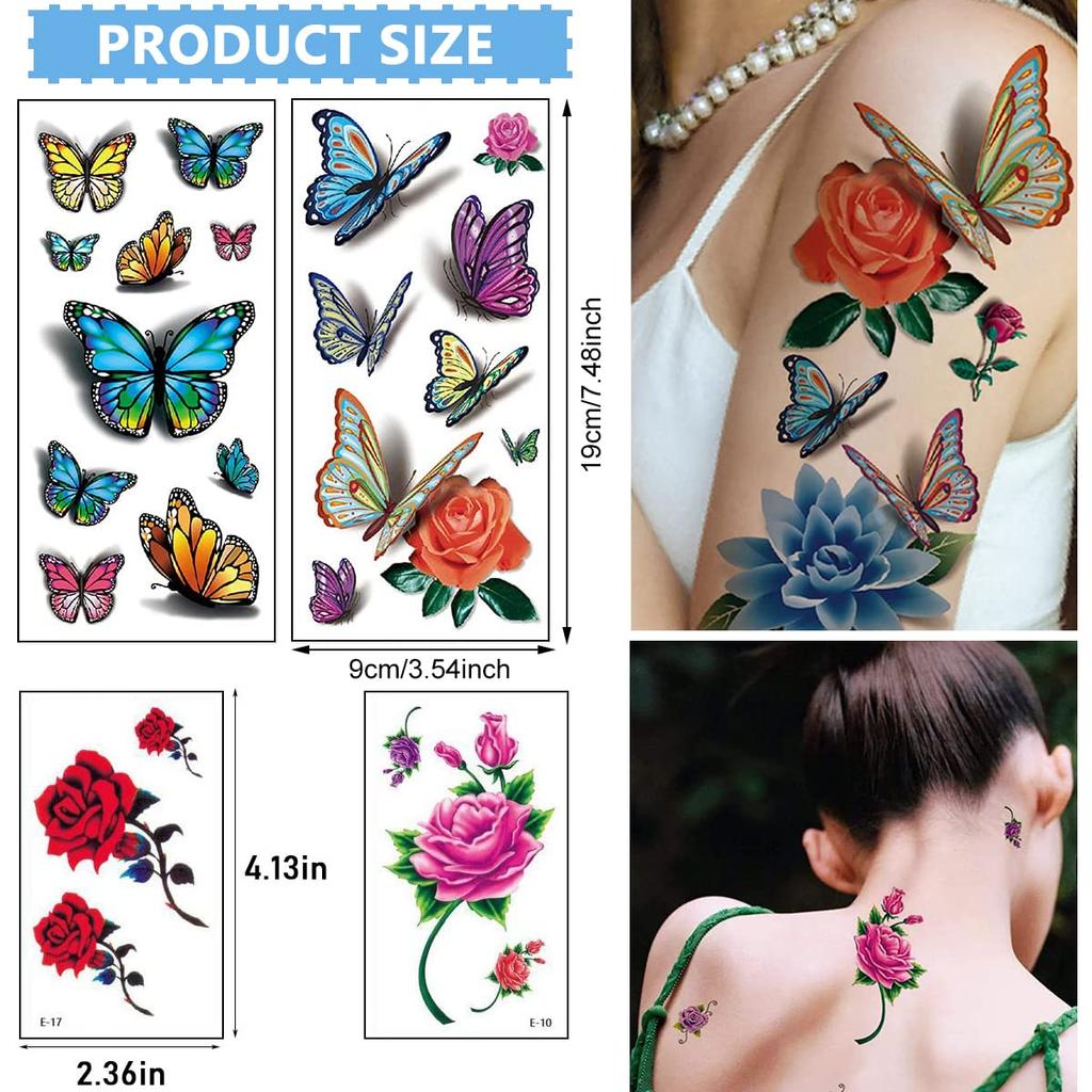 MAYCREATE® 40 Sheets Waterproof Temporary Tattoos Sticker for Women Color Flowers Tattoo Sticker Temporary Tattoos Stickers Roses Butterflies Assor