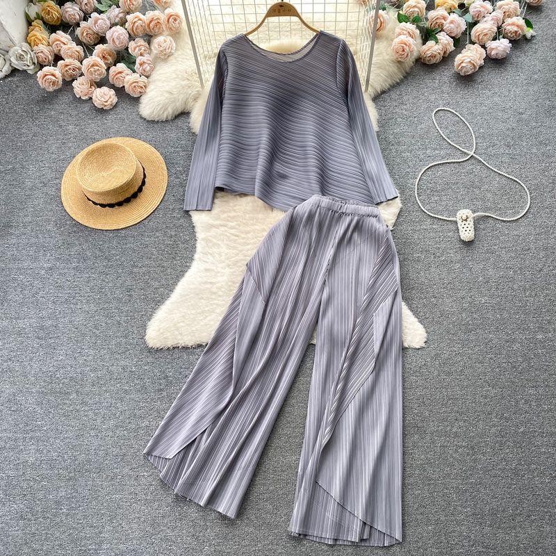 

Sanzhai Ruched Accessible Luxury Socialite Style Suit Long Sleeves Tops Grey All yards