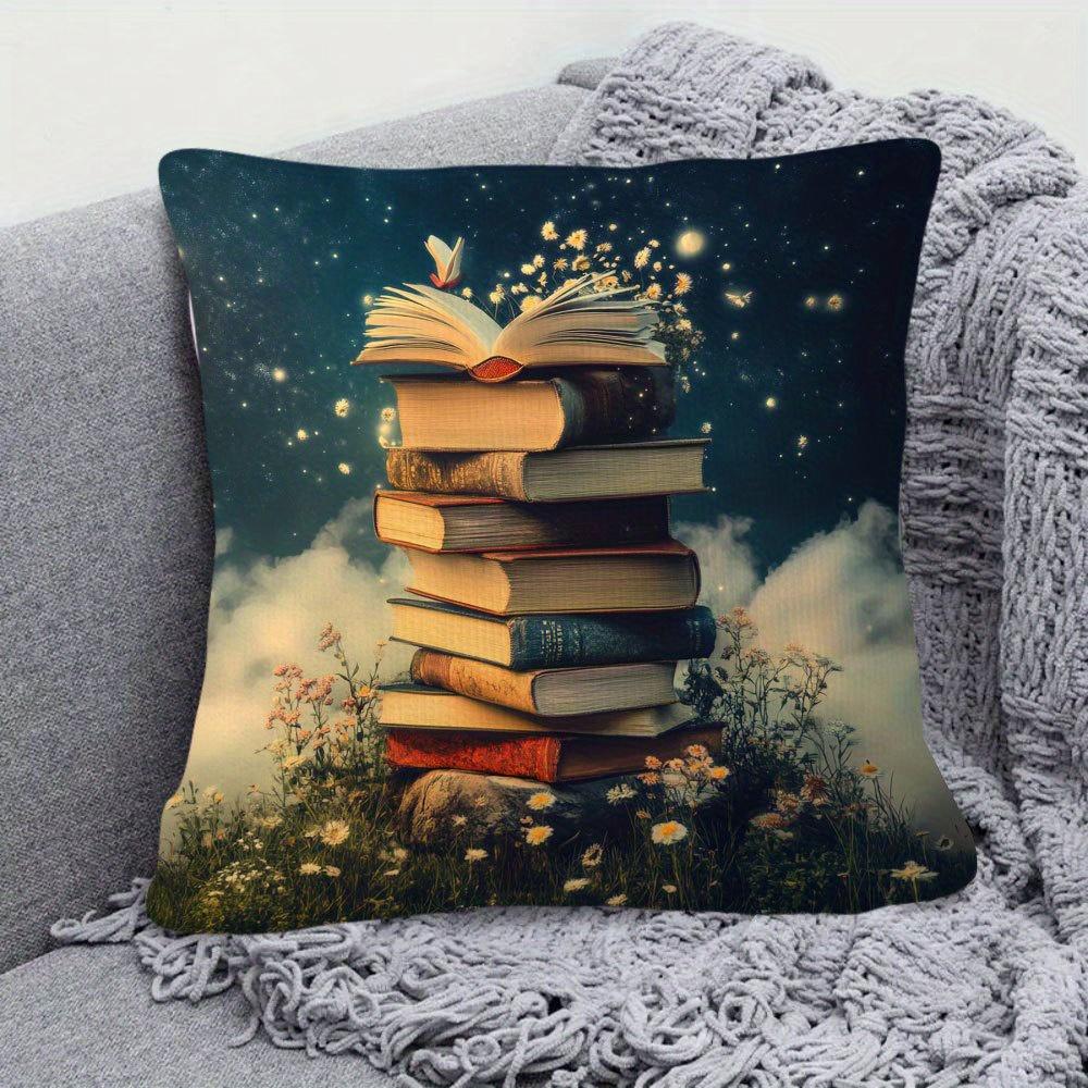1 Federa per Cuscino per Amanti dei Libri - Federa Magica per Cuscino Decorativo Letterario con Libri Impilati, Prato Fiorito e Stelle - Giorno Mondiale del Libro D