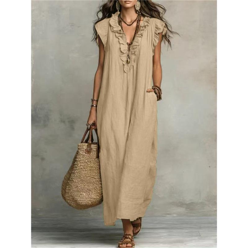 Women Ruffle V Neck Sleeveless Linen Maxi Dress Loose Casual Long Dress With Pockets Summer Beach Dress