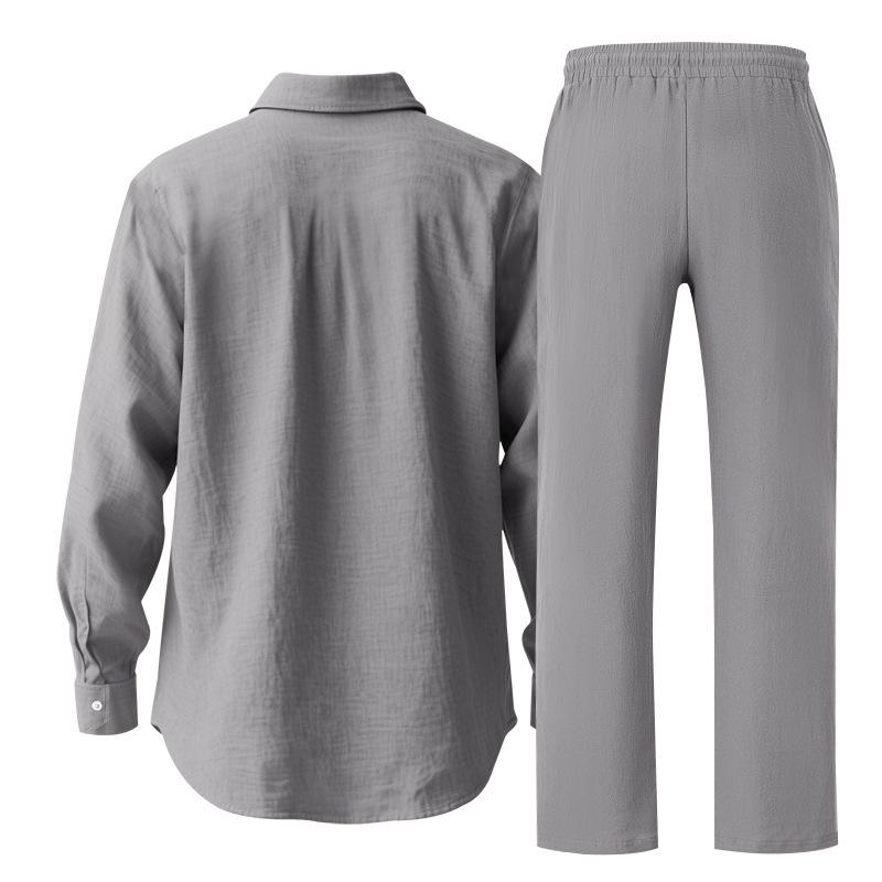 European & American Men's Breathable Cotton Linen Long Sleeve Shirt & Trousers Set