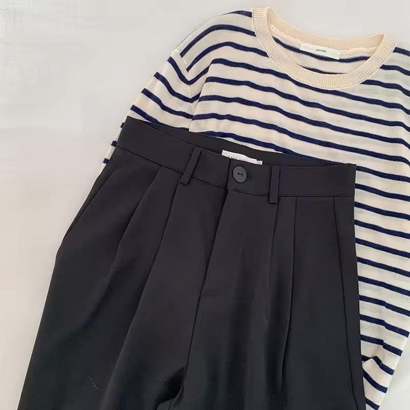 Herbst Damen Anzugshose Knopf Reißverschluss Hohe Taille Lange Hose Einfarbig Gerade Weites Bein Büro Dame Hose