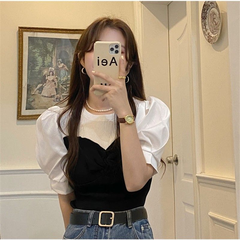 Summer Short Sleeved Women's Tops New Slim Temperament Spliced Contrasting Color Short Knitted Sweater Trend