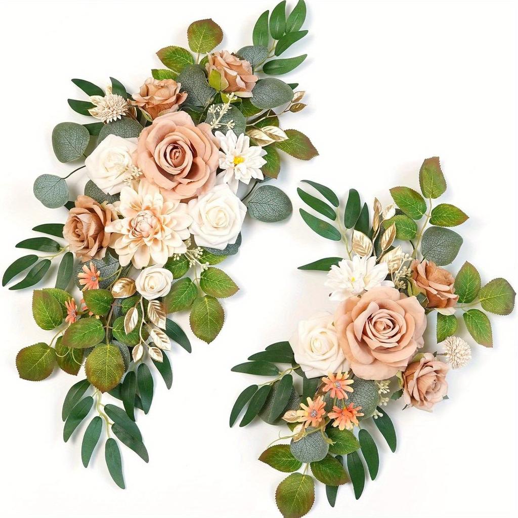 2Pcs Artificial Rose Flowers Green Plant Decoration, For Outdoor Patio Garden Wedding Reception Background Decoration, Flower Decoration Wall Home