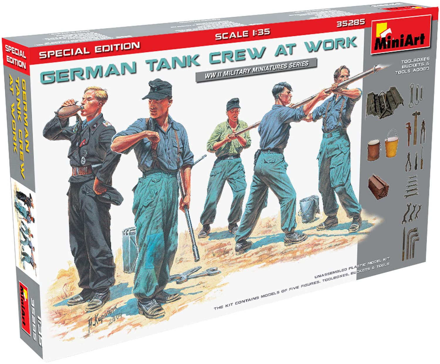 

Miniart Масштаб Немецкий танковый экипаж за работой Специальное издание Пластиковый набор-модель с и ведром 1/35 (5 фигур) Ящик для инструментов, Инструменты, (MA35285)