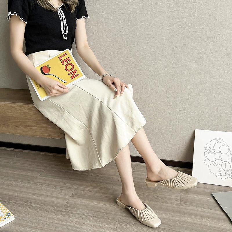 Summer Thin Heels Pointed Toe Med Female Shoes Ladies' Slippers Low Shallow Mules for Women Slides