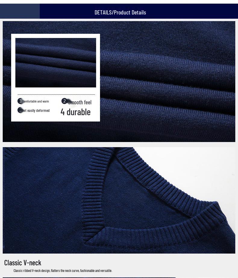 Men's Solid V-Neck Wool Knit Vest - Sleeveless Pullover for Spring and Autumn